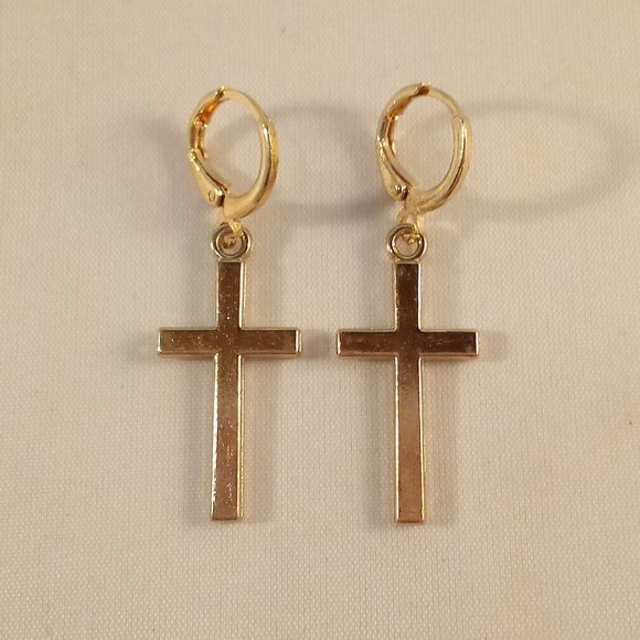 Mens 18K Yellow Gold Plated Cross Dangle Earrings Party Gift - Picture 2 of 3